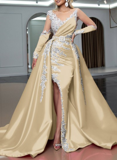 Trumpet/Mermaid Illusion Neck Detachable Satin Prom Dresses With High Split