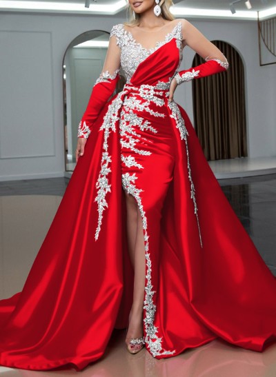 Trumpet/Mermaid Illusion Neck Detachable Satin Prom Dresses With High Split