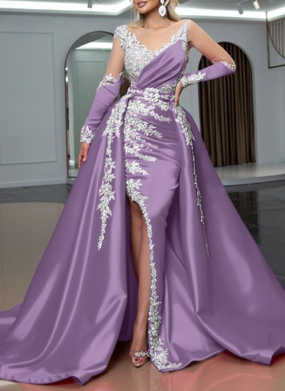 Trumpet/Mermaid Illusion Neck Detachable Satin Prom Dresses With High Split