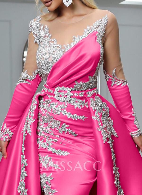 Trumpet/Mermaid Illusion Neck Detachable Satin Prom Dresses With High Split Trumpet/Mermaid Illusion Neck Detachable Satin Prom Dresses With High Split