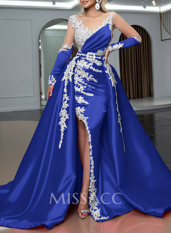 Trumpet/Mermaid Illusion Neck Detachable Satin Prom Dresses With High Split Trumpet/Mermaid Illusion Neck Detachable Satin Prom Dresses With High Split