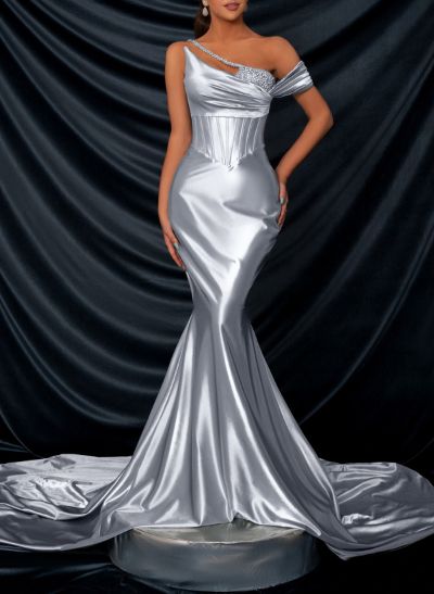 Trumpet/Mermaid Asymmetrical Sleeveless Silk Like Satin Prom Dresses