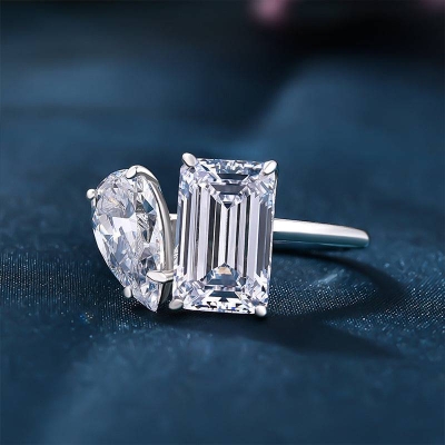 Unique Double Stones Design Emerald Cut & Pear Cut Engagement Ring In Sterling Silver