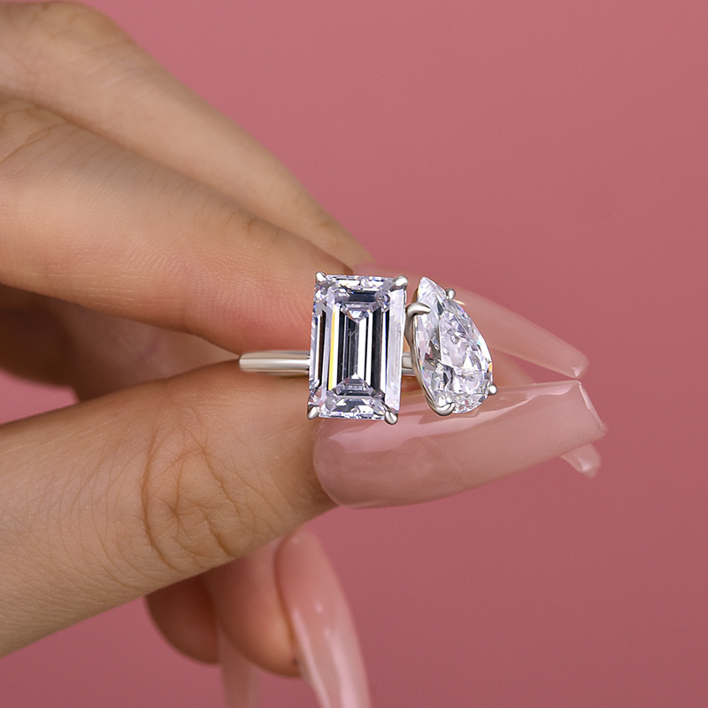 Unique Double Stones Design Emerald Cut & Pear Cut Engagement Ring In Sterling Silver