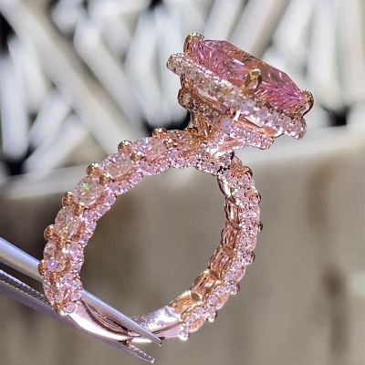 Dazzling Morganite Halo Cushion Cut Engagement Ring In 18K Rose Gold Plated