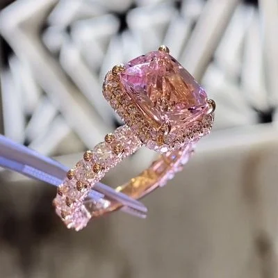 Dazzling Morganite Halo Cushion Cut Engagement Ring In 18K Rose Gold Plated