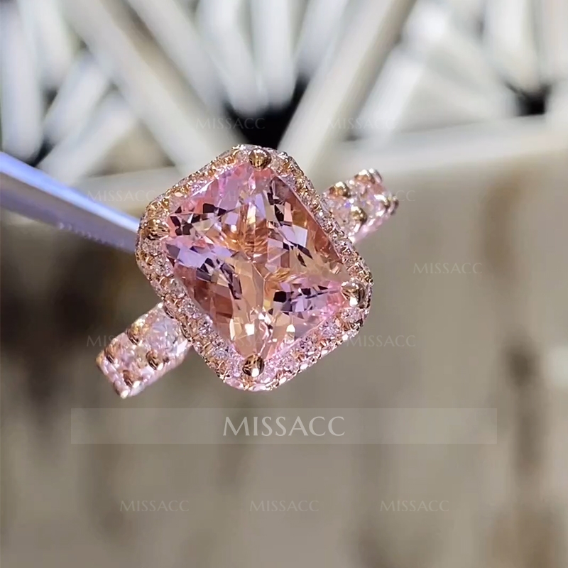 Dazzling Morganite Halo Cushion Cut Engagement Ring In 18K Rose Gold Plated