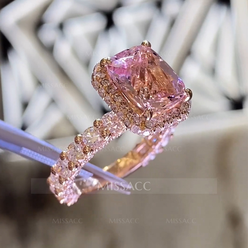 Dazzling Morganite Halo Cushion Cut Engagement Ring In 18K Rose Gold Plated