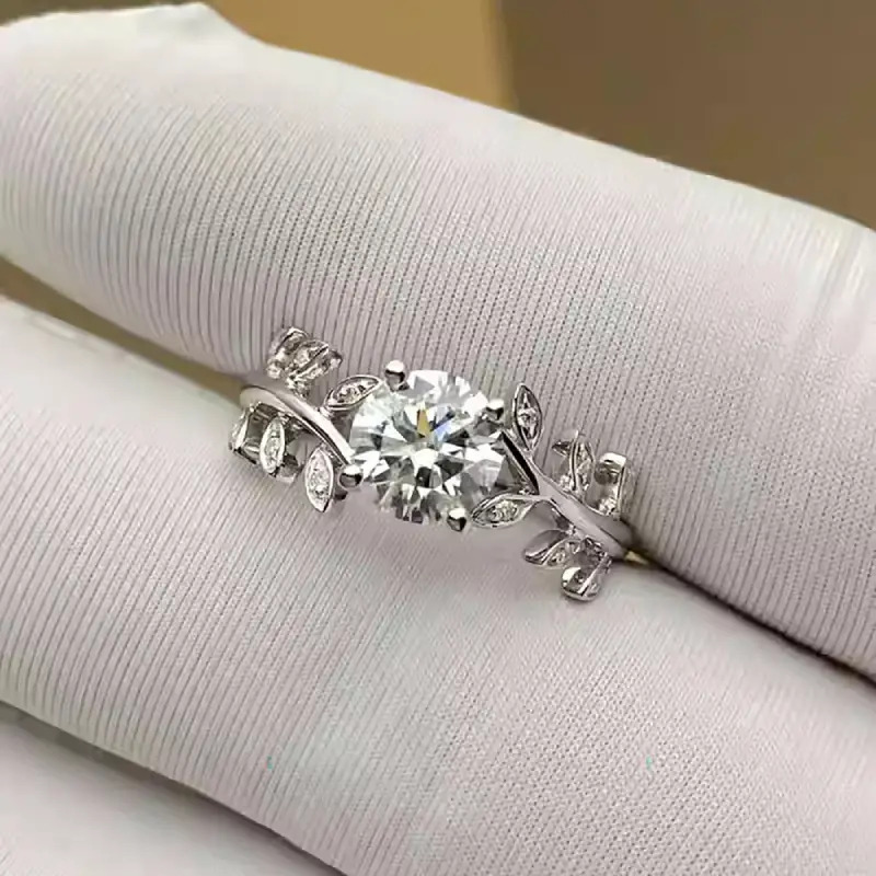Leaf Diamond With 925 Sterling Silver Wedding Band Promise Ring