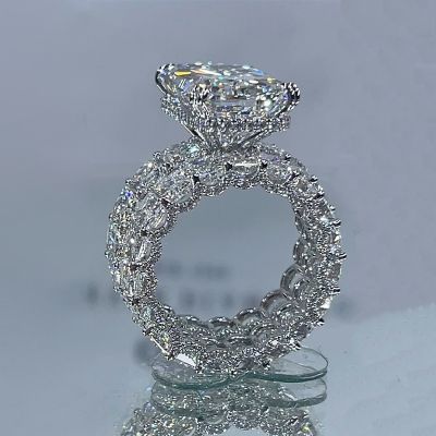 Micro Pave Radiant Cut 925 Sterling Silver Engagement Ring Set