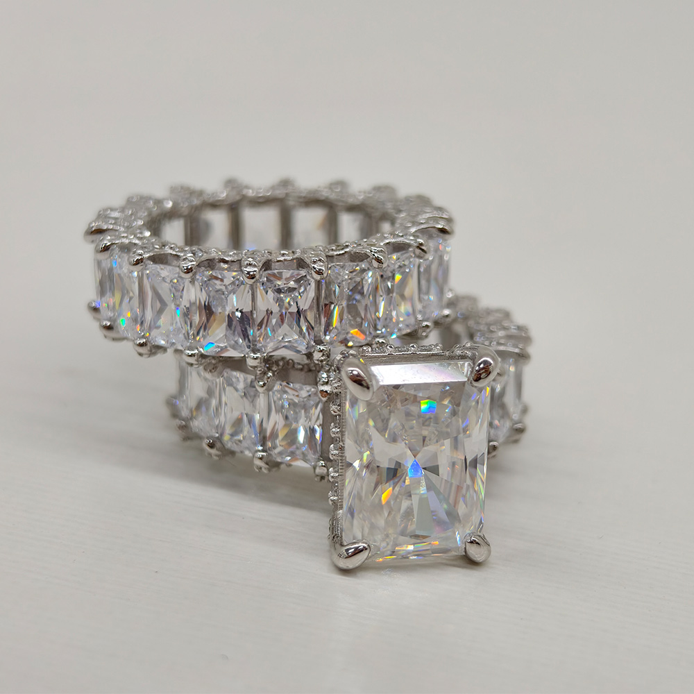 Micro Pave Radiant Cut 925 Sterling Silver Engagement Ring Set