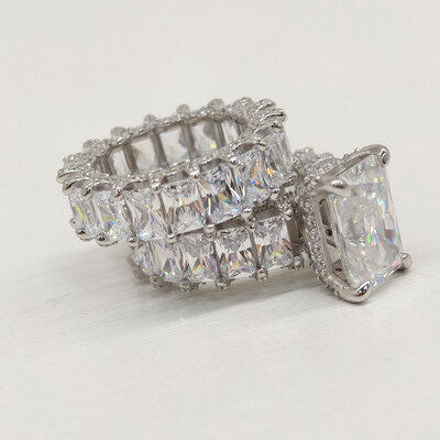 Micro Pave Radiant Cut 925 Sterling Silver Engagement Ring Set
