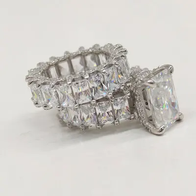 Micro Pave Radiant Cut 925 Sterling Silver Engagement Ring Set