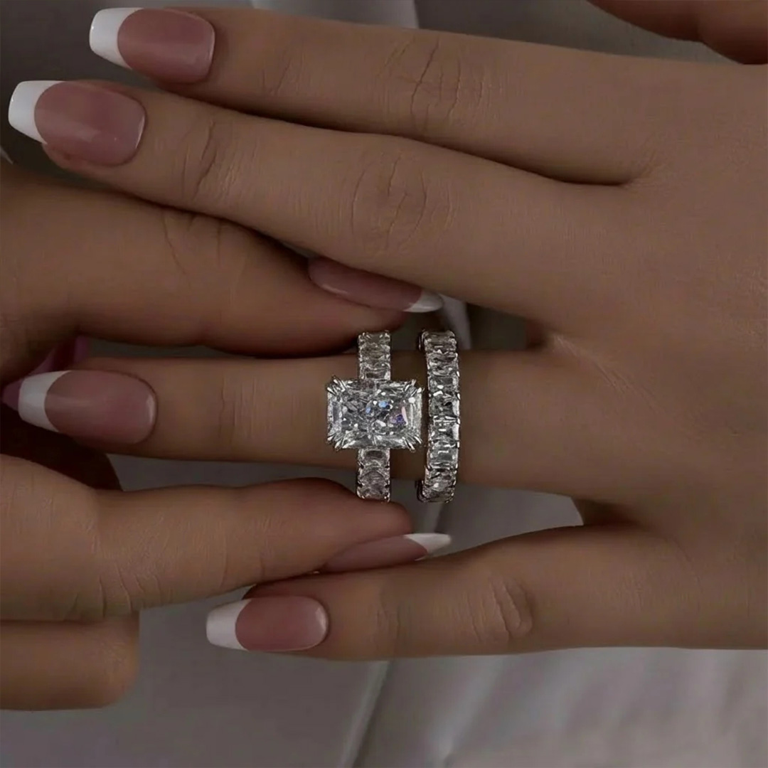Micro Pave Radiant Cut 925 Sterling Silver Engagement Ring Set