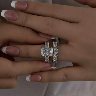 Micro Pave Radiant Cut 925 Sterling Silver Engagement Ring Set