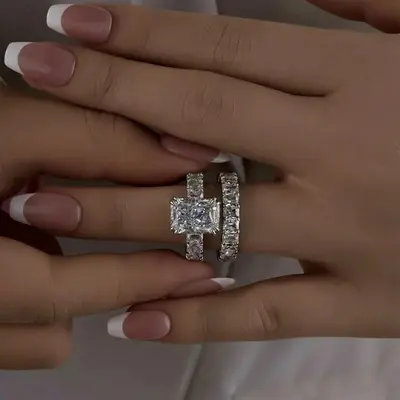 Micro Pave Radiant Cut 925 Sterling Silver Engagement Ring Set