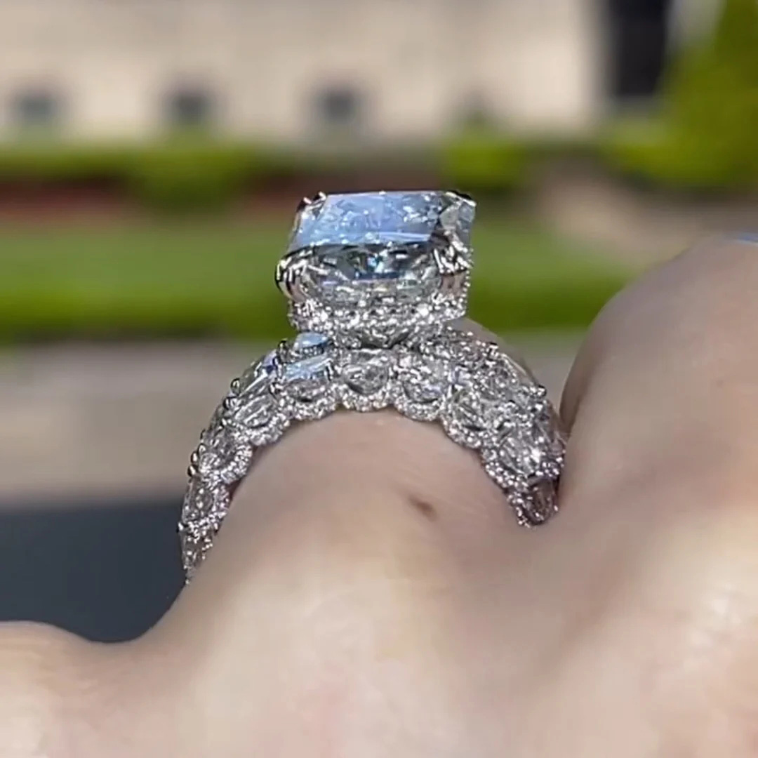 Micro Pave Radiant Cut 925 Sterling Silver Engagement Ring Set