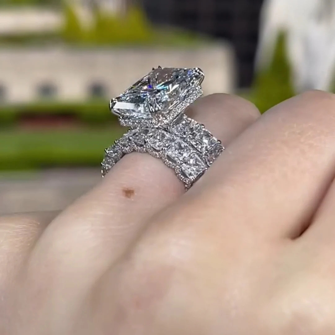 Micro Pave Radiant Cut 925 Sterling Silver Engagement Ring Set