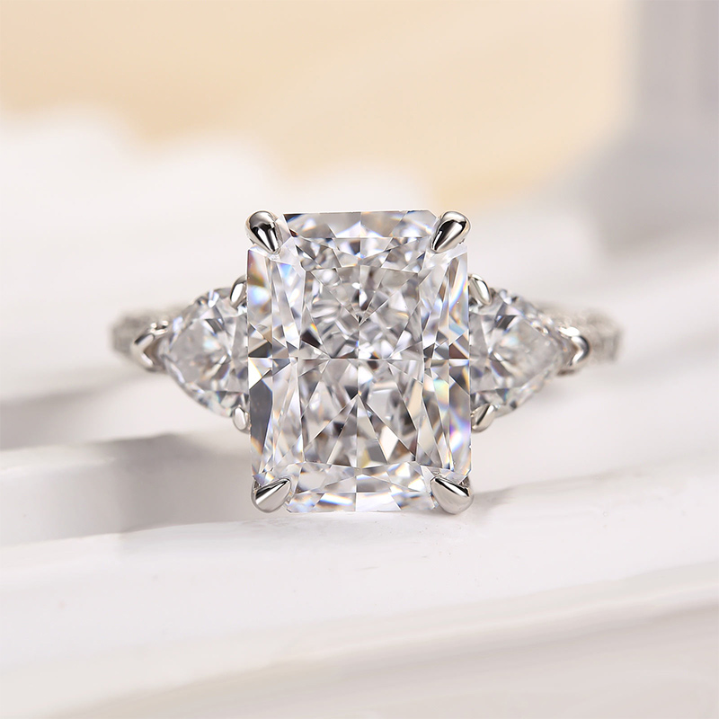 Luxurious Radiant Cut & Heart Cut Three Stone Engagement Ring In Sterling Silver