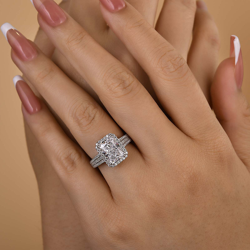 Sparkle Split Shank Halo Radiant Cut Engagement Ring In Sterling Silver