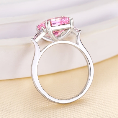 Lovely Radiant Cut Three Stone Pink Stone Engagement Ring