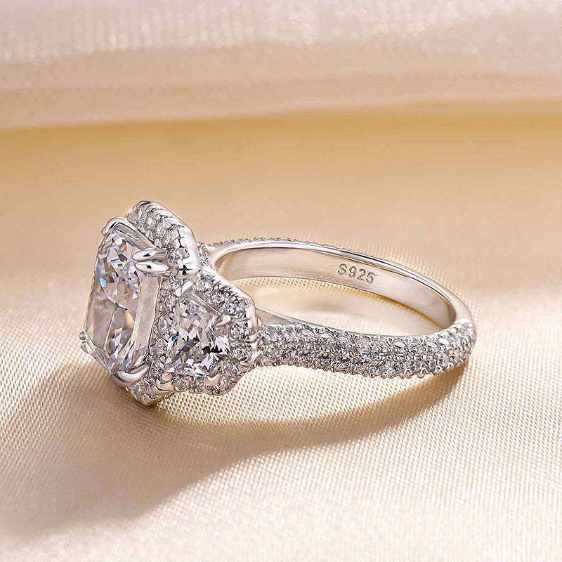 Stunning Radiant Cut Three Stone Engagement Ring In Sterling Silver