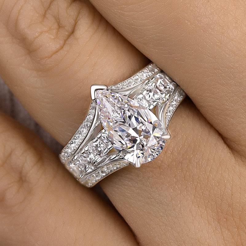 Pear Cut Diamond White Sterling Silver Art Deco Engagement Ring