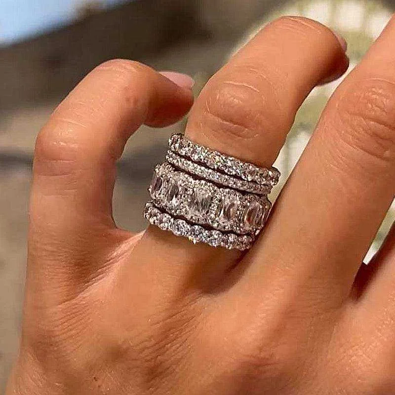 Luxurious Cushion Cut 4PC Wedding Band Set For Women In Sterling Silver