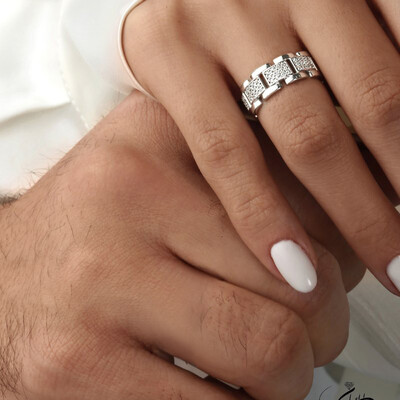 Fashion Watch-Chain Wedding Band Set In Sterling Silver
