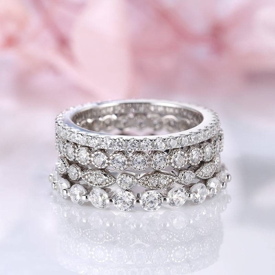 Four Row Full Eternity Stackable Band Set In Sterling Silver