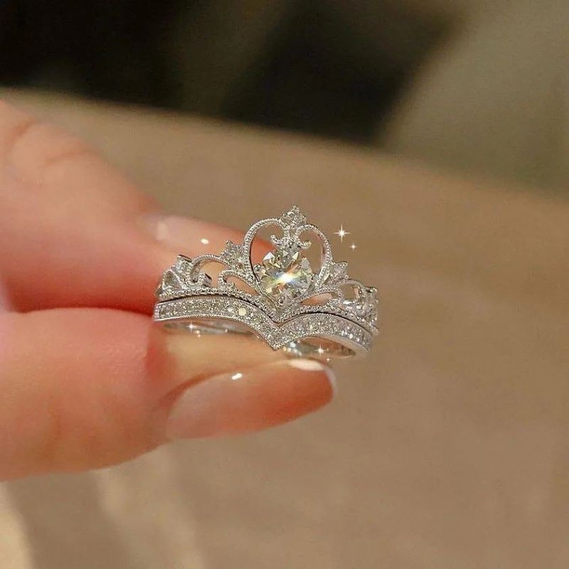 Princess Crown Wedding Band Set In Sterling Silver