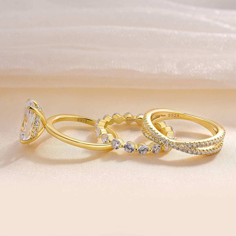 Stunning Yellow Gold Oval Cut 3PC Wedding Ring Set In Sterling Silver
