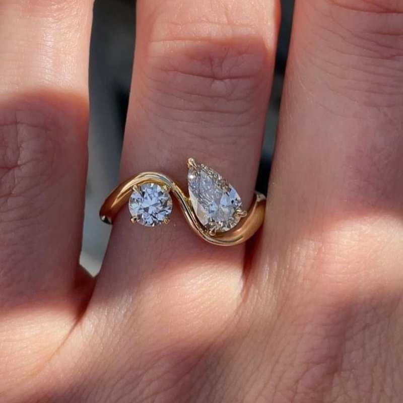 Unique Double Stones Design Round Cut & Pear Cut Promise Ring For Her In Sterling Silver