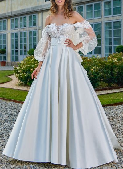 A-Line Off-The-Shoulder Satin Wedding Dresses With Ruffle/Bow(s)/Lace/Flower(s)
