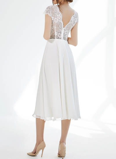 A-Line Illusion Neck Sleeveless Tea-Length Chiffon/Lace Wedding Dresses