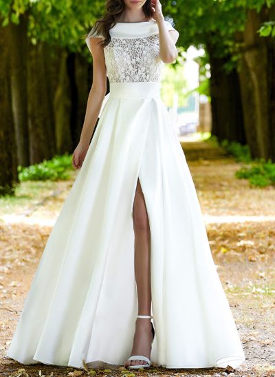 A-Line Scoop Neck Satin Wedding Dresses With Bow(s)/Lace/High Split