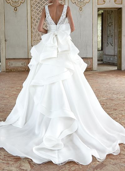 A-Line V-Neck Sleeveless Chiffon Wedding Dresses With Ruffle/Bow(s)/Lace