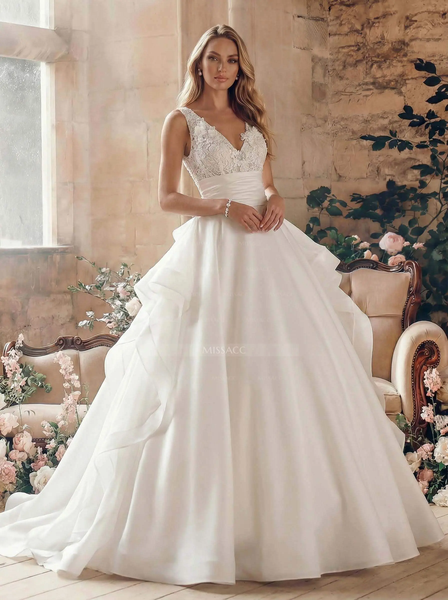 Missacc Ivory Bride A-Line V-Neck Sleeveless Court Train Tulle Wedding Dresses with Ruffle/Bow(S)/Lace