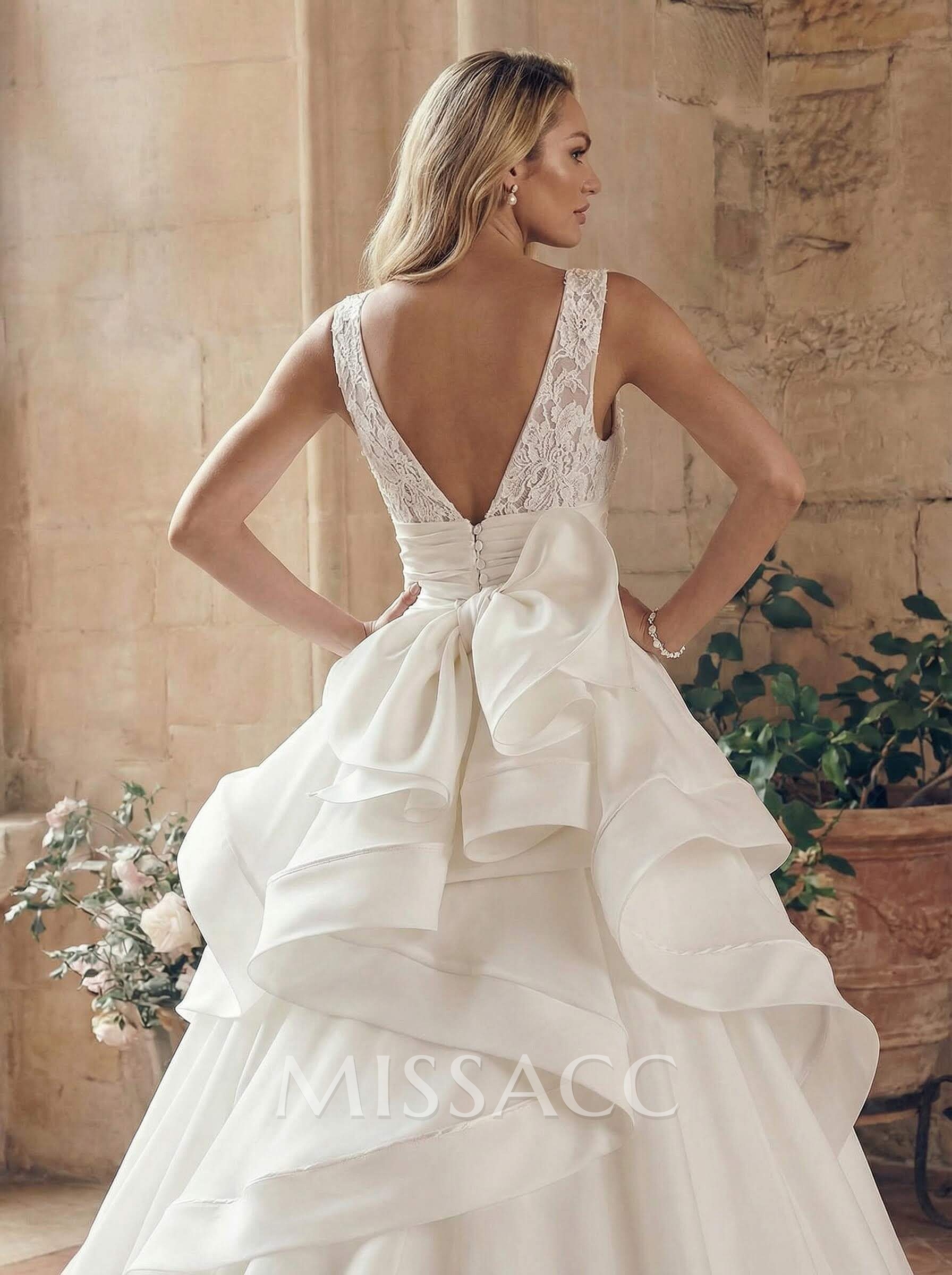 A-Line V-Neck Sleeveless Court Train Tulle Wedding Dresses With Ruffle/Bow(s)/Lace A-Line V-Neck Sleeveless Court Train Tulle Wedding Dresses With Ruffle/Bow(s)/Lace