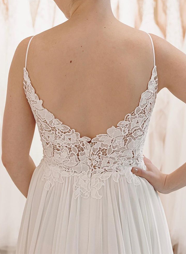 A-Line V-Neck Sleeveless Chiffon Wedding Dresses With Lace/High Split