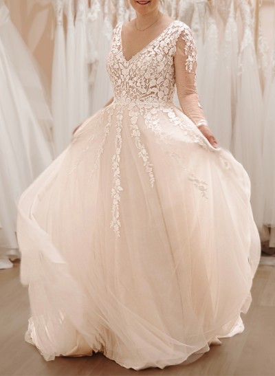 A-Line V-Neck Long Sleeves Court Train Tulle Wedding Dresses With Lace