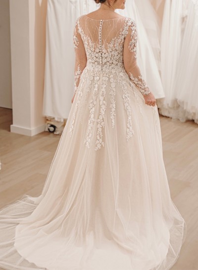 A-Line V-Neck Long Sleeves Court Train Tulle Wedding Dresses With Lace