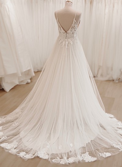 A-Line V-Neck Sleeveless Court Train Lace/Tulle Wedding Dresses