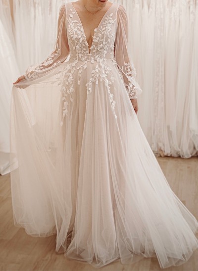 A-Line V-Neck Long Sleeves Court Train Tulle Plus Size Wedding Dresses With Appliques Lace
