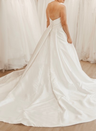 A-Line Sweetheart Sleeveless Court Train Satin Wedding Dresses With High Split