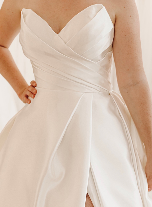A-Line Sweetheart Sleeveless Court Train Satin Plus Size Wedding Dresses With High Split