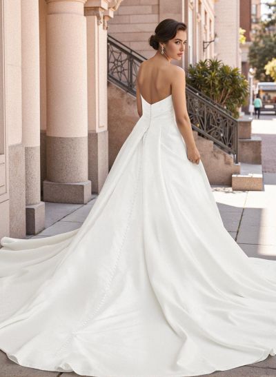 A-Line Sweetheart Sleeveless Court Train Satin Plus Size Wedding Dresses With High Split