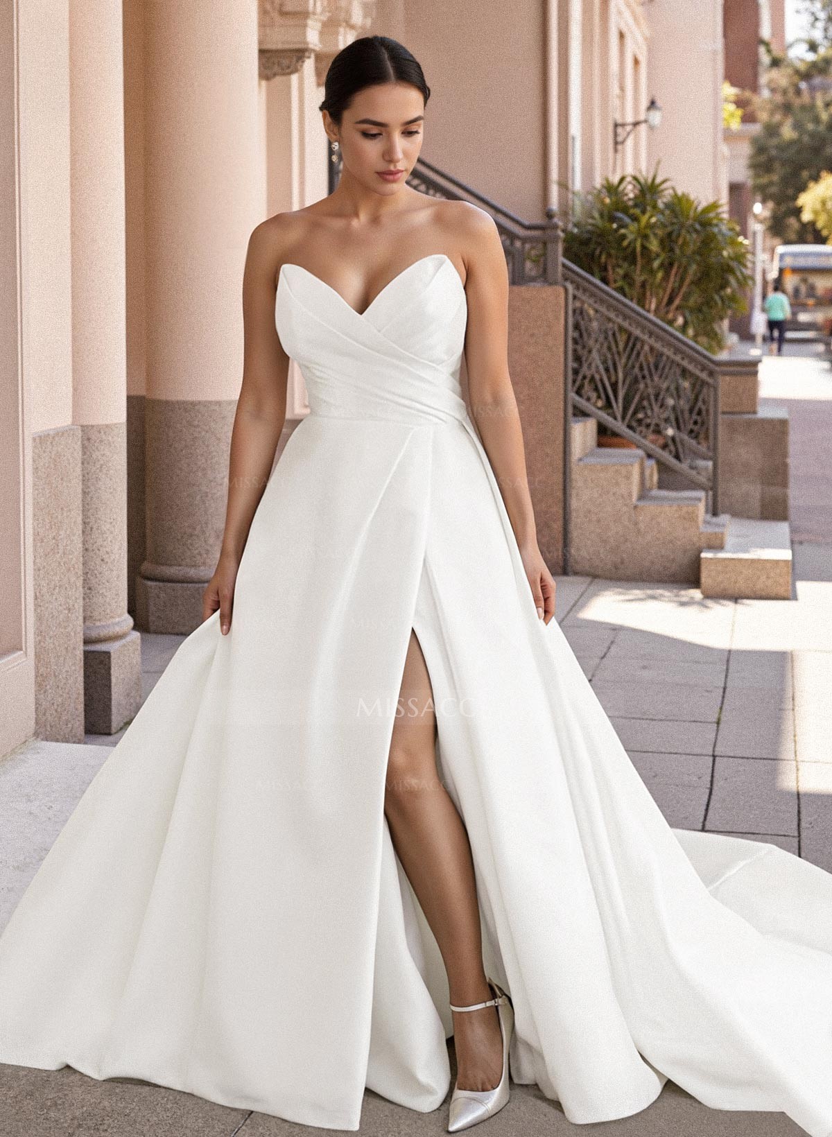 A-Line Sweetheart Sleeveless Court Train Satin Plus Size Wedding Dresses With High Split