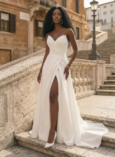 A-Line Sweetheart Sleeveless Court Train Satin Plus Size Wedding Dresses With High Split