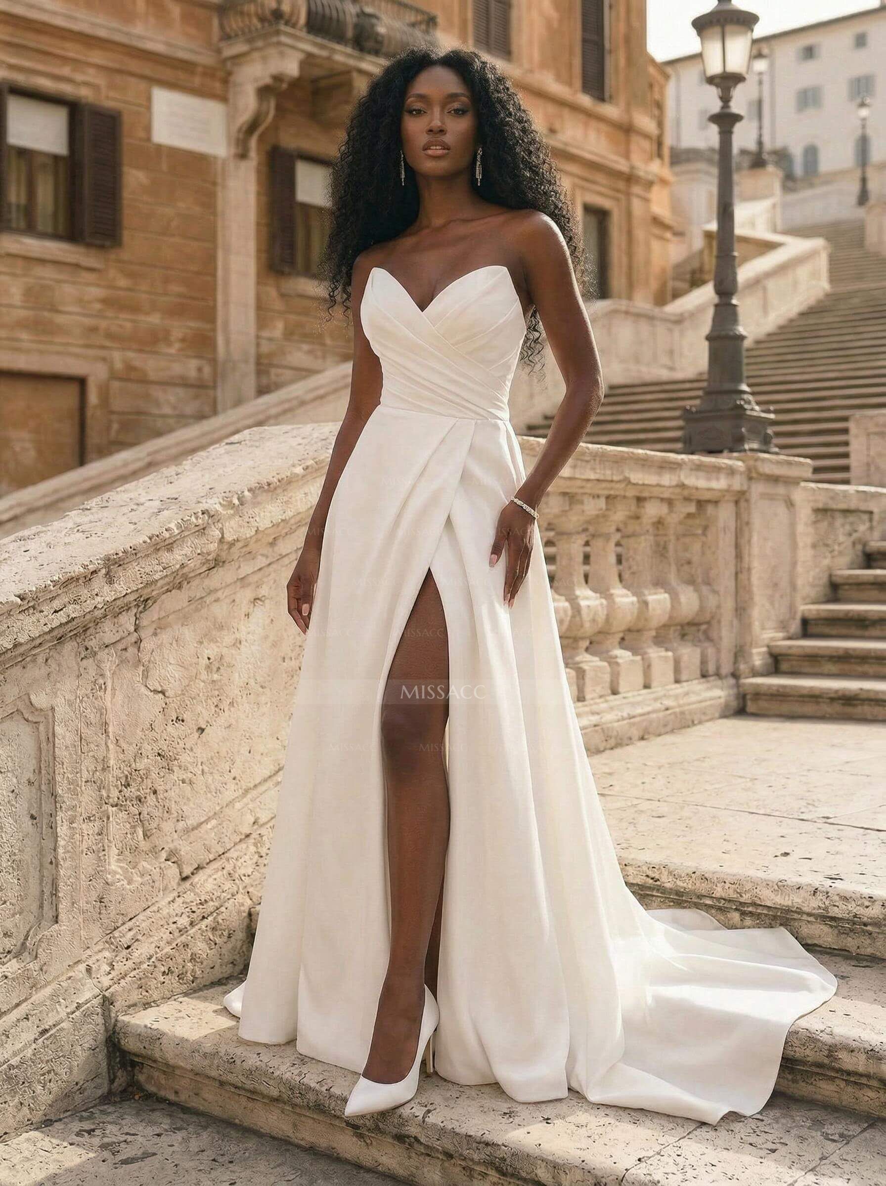 A-Line Sweetheart Sleeveless Court Train Satin Plus Size Wedding Dresses With High Split
